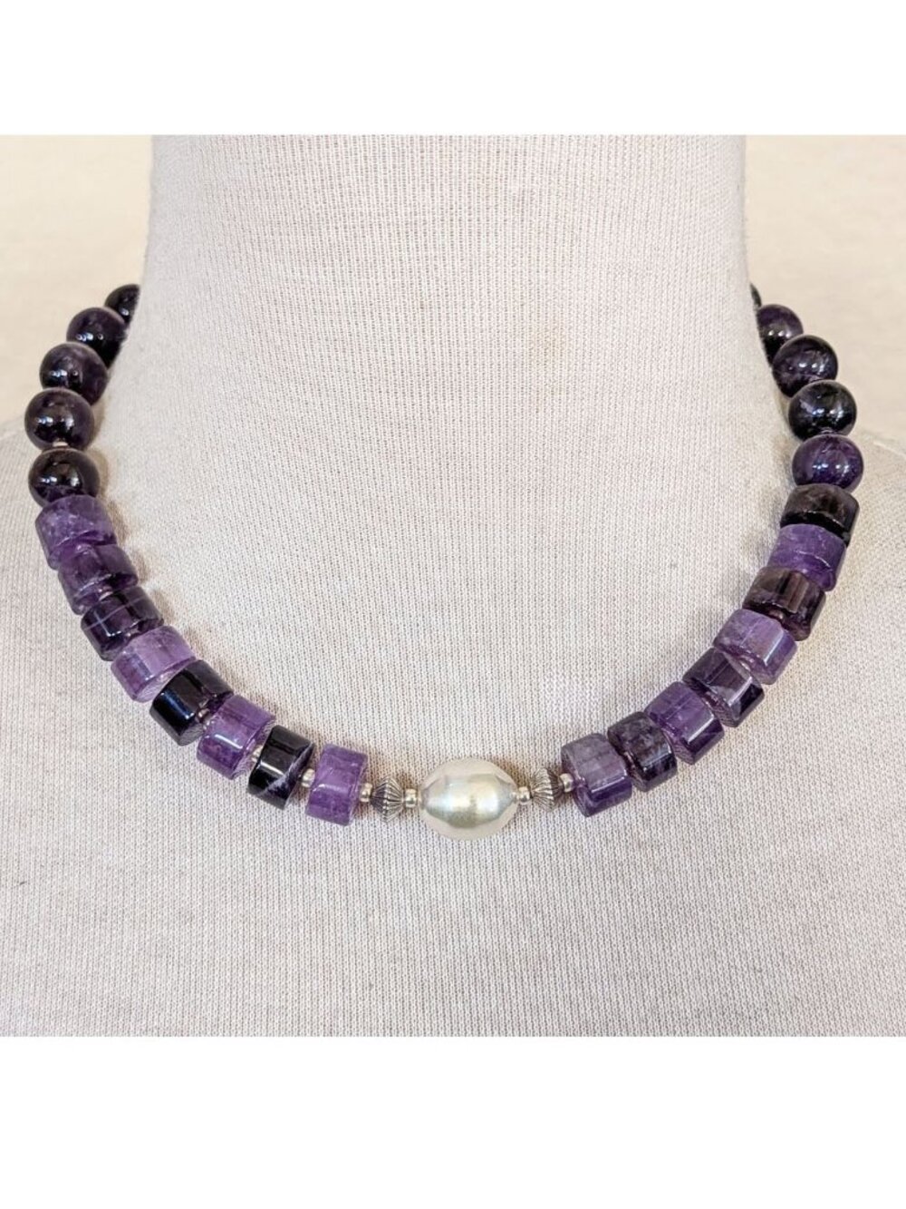 Eggplant & Plum Purple Amethyst & Ivory Glass Pearl Statement Necklace